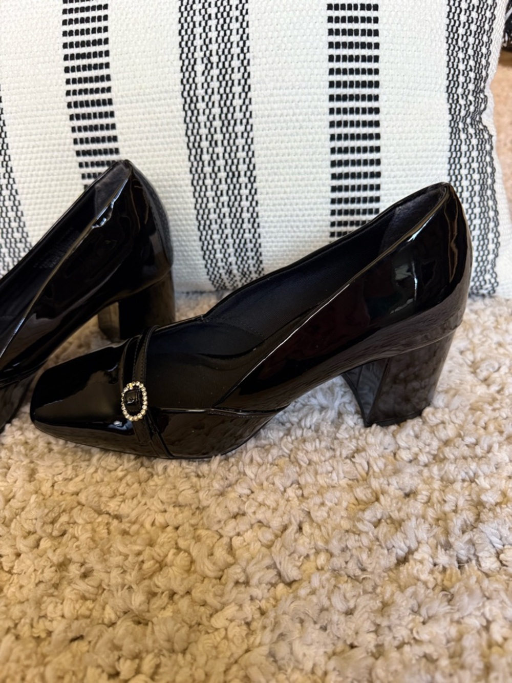 Anne Klein Black Patent Low Block Heel Pumps with Decorative Buckle